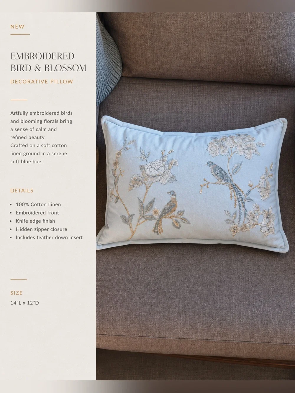 WAMSUTTA Chinoiserie Bird & Blossom Embroidered Lumbar Feather Insert #0630266A